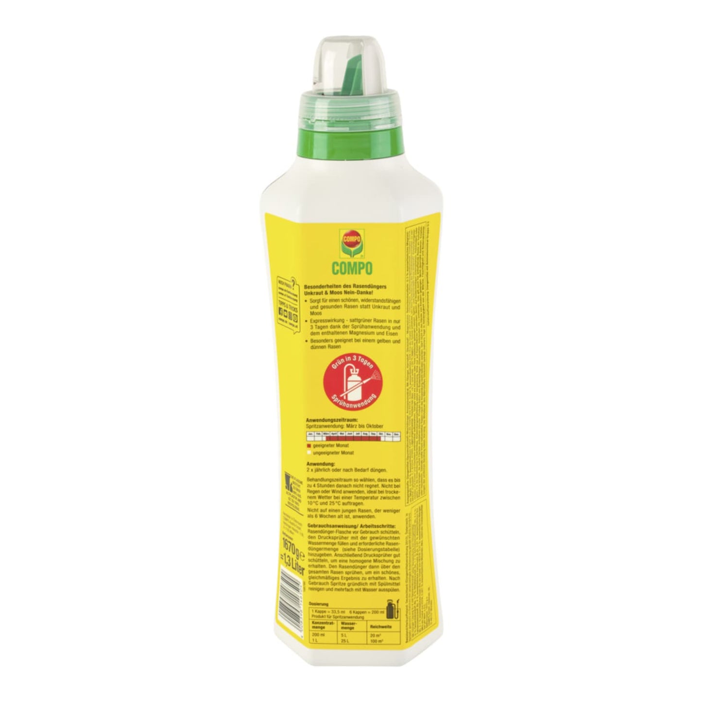Engrais et Désherbant 2 en 1 pour pelouse COMPO : Mauvaises Herbes et Mousse - 1,3L pour traiter 130 m²