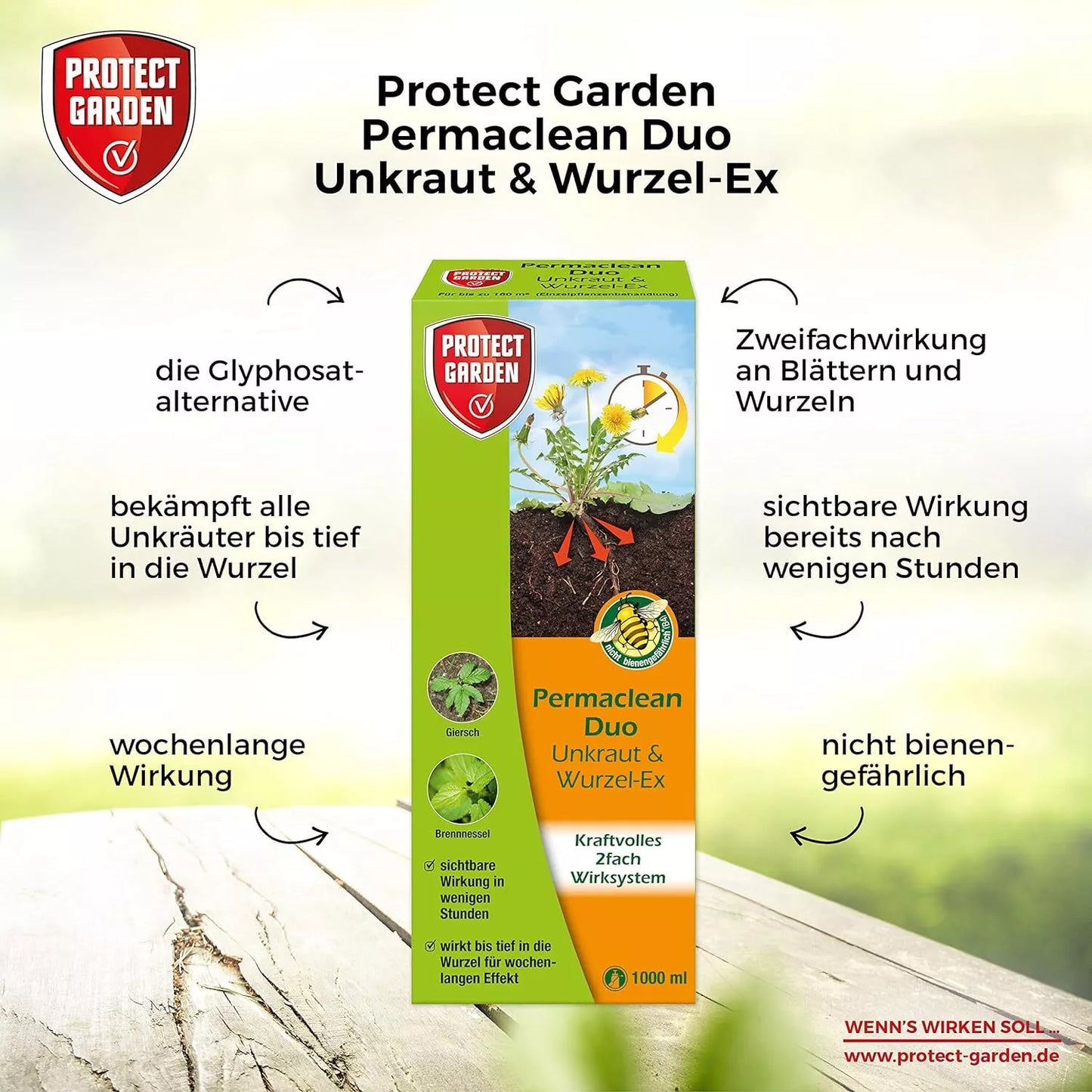 Protect Garden Permaclean Duo Désherbant Total Herbicide Contre Mauvaise Herbe Jardin Gazon Racine 1L