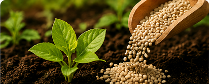 Jeune pousse et engrais granulé versé dans la terre, guide Mortengo pour fertiliser ses plantes