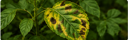 Feuille de plante marquée de taches typiques d'une maladie, guide Mortengo pour reconnaître et traiter les maladies des plantes