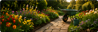 Allée de jardin fleurie avec brouette, guide Mortengo pour préparer son jardin à chaque saison