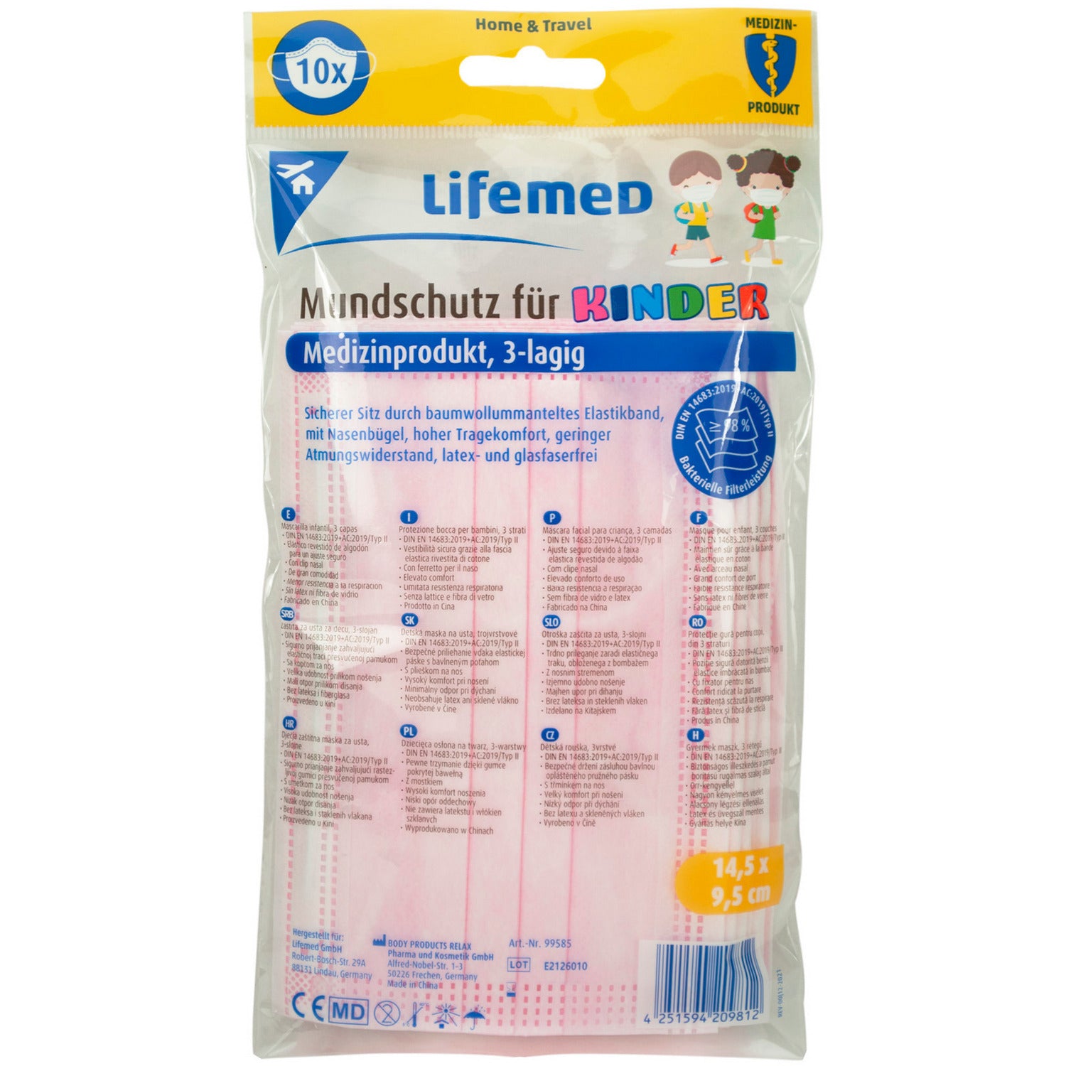 Masque chirurgical enfant Lifemed EN 14683 Type II, rose (10 pièces)