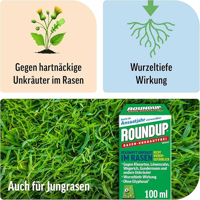 ROUNDUP Désherbant sélectif efficace pour jardin, herbicide gazon et pelouse 100 ml pour 66m² ''Sans Glyphosate''