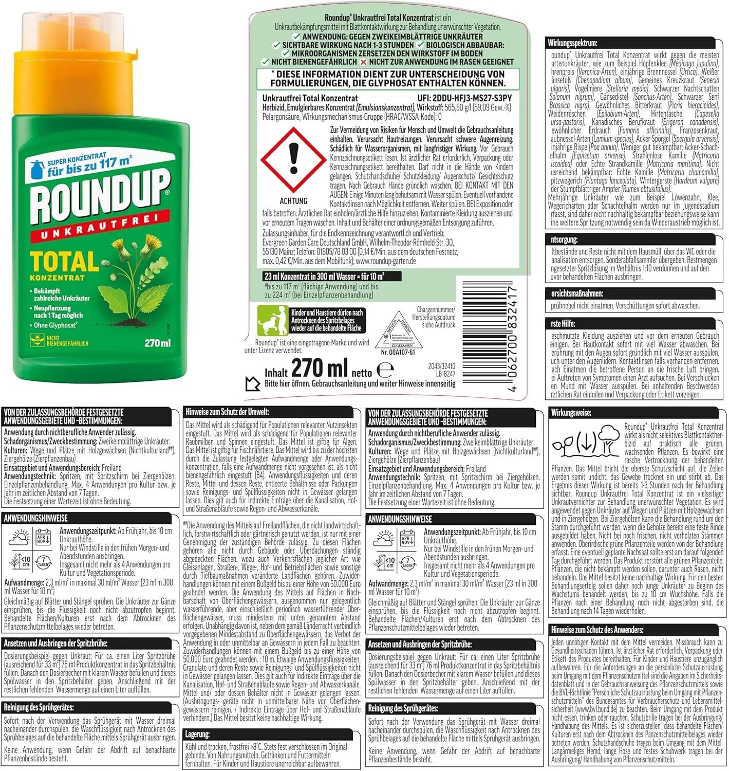 Roundup Désherbant Total Herbicide Non Sélectif Contre Les Mauvaise Herbe 270 ml ''Sans Glyphosate''